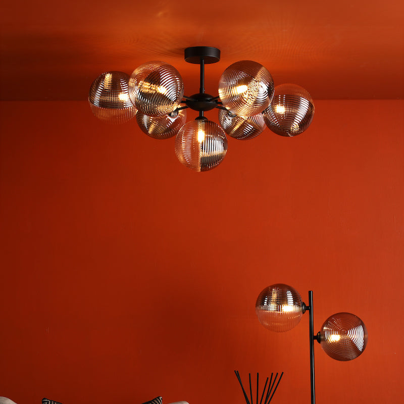 Dar Cohen 7 Light Semi-Flush Matt Black & Smoked/Clear Ribbed Glass – from Amos Lighting + Home