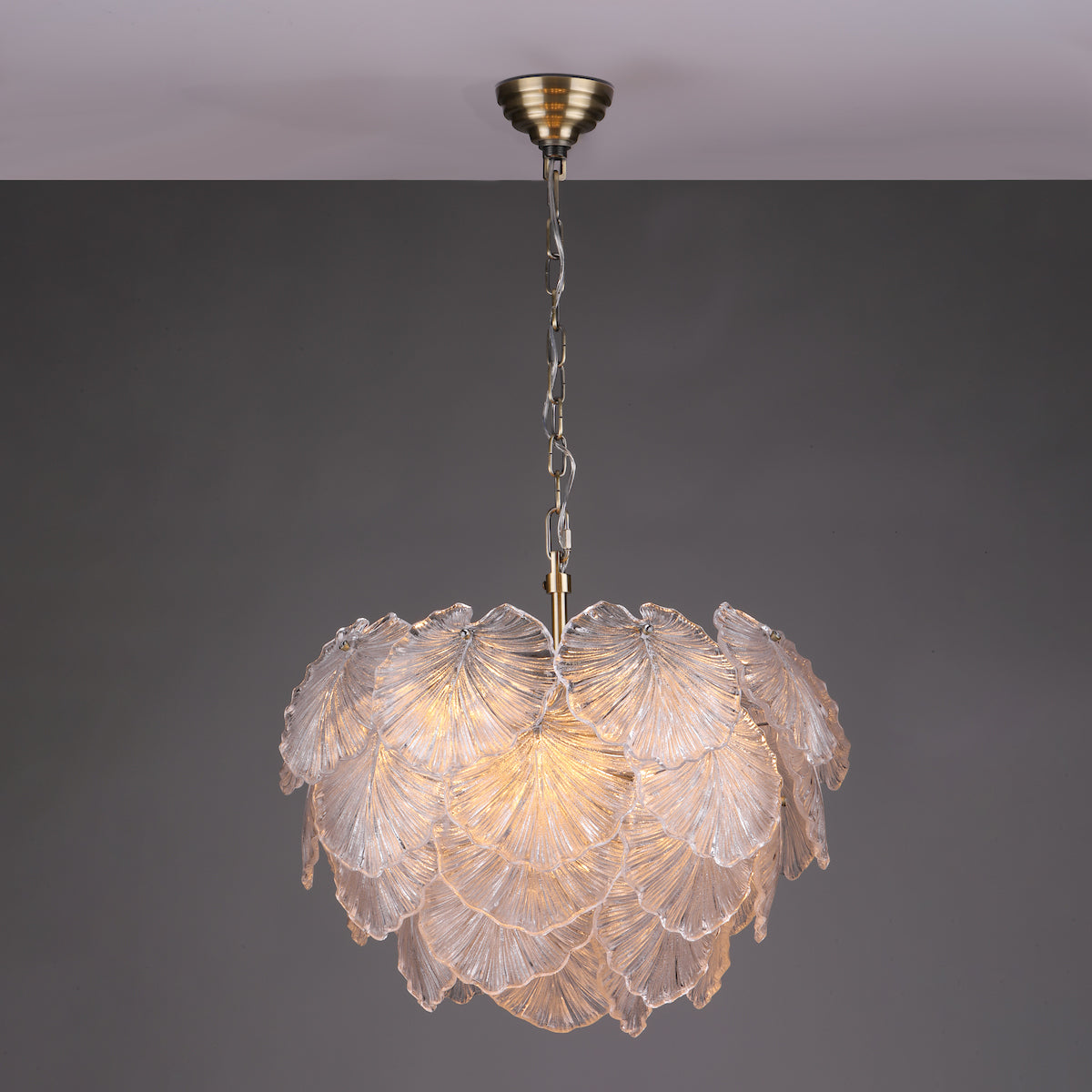 Dar Courtney 10 Light Pendant Textured Glass and Antique Brass – from Amos Lighting + Home