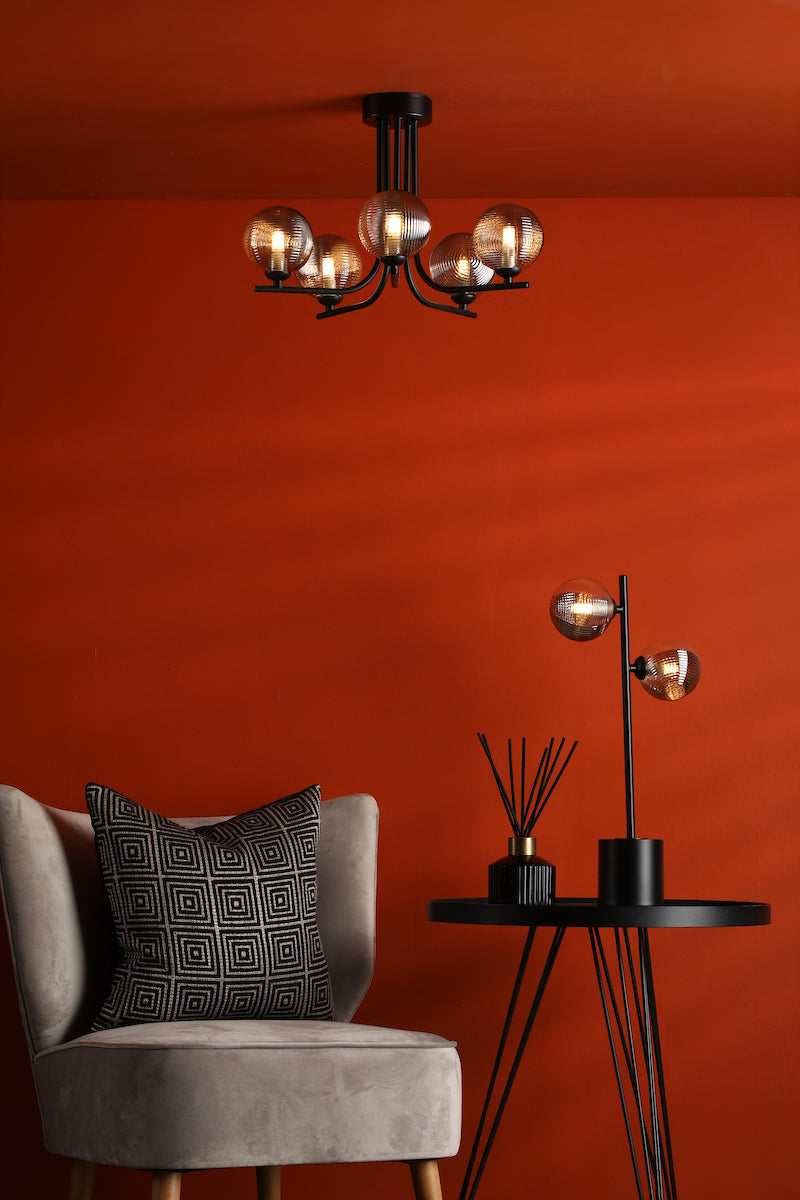 Dar Cradle 5 Light Semi-Flush Matt Black & Smoked/Clear Ribbed Glass – from Amos Lighting + Home