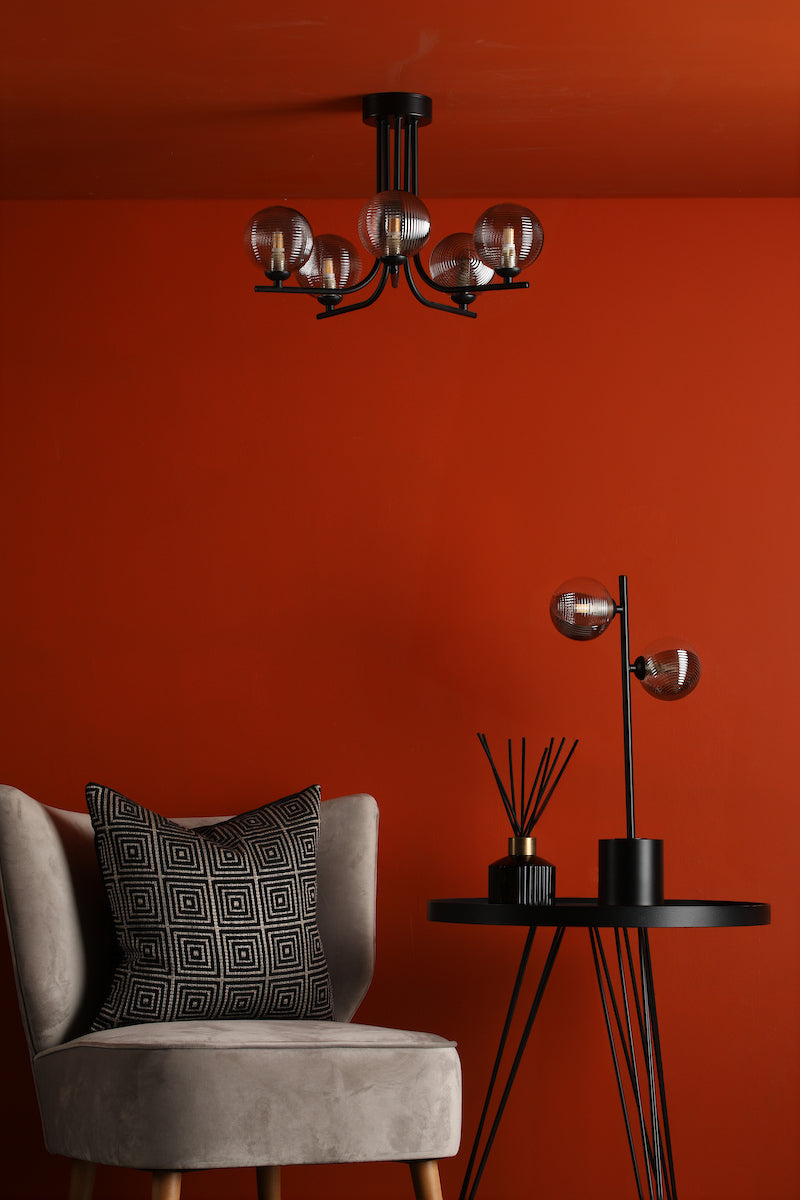 Dar Cradle 5 Light Semi-Flush Matt Black & Smoked/Clear Ribbed Glass – from Amos Lighting + Home