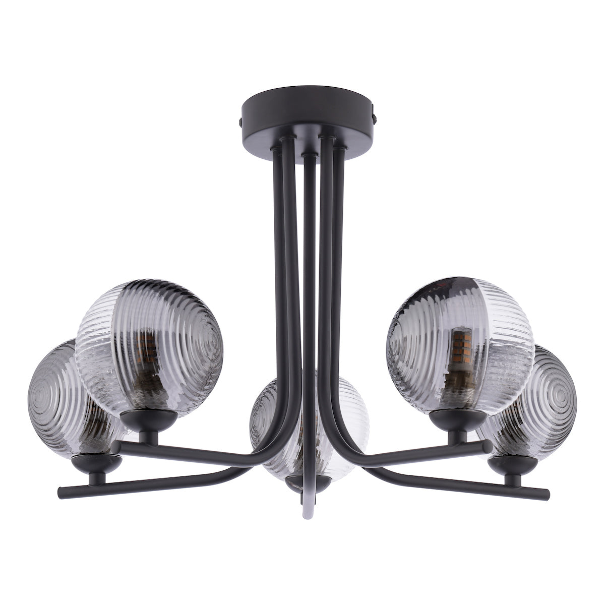 Dar Cradle 5 Light Semi-Flush Matt Black & Smoked/Clear Ribbed Glass – from Amos Lighting + Home