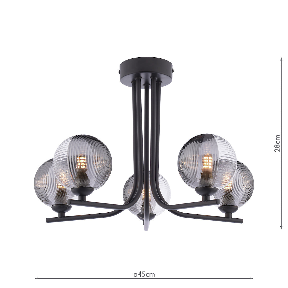 Dar Cradle 5 Light Semi-Flush Matt Black & Smoked/Clear Ribbed Glass – from Amos Lighting + Home