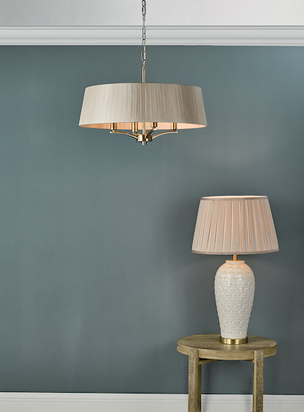 Dar Cristin Pendant Chandelier Antique Brass With Taupe Ribbon Shade – from Amos Lighting + Home
