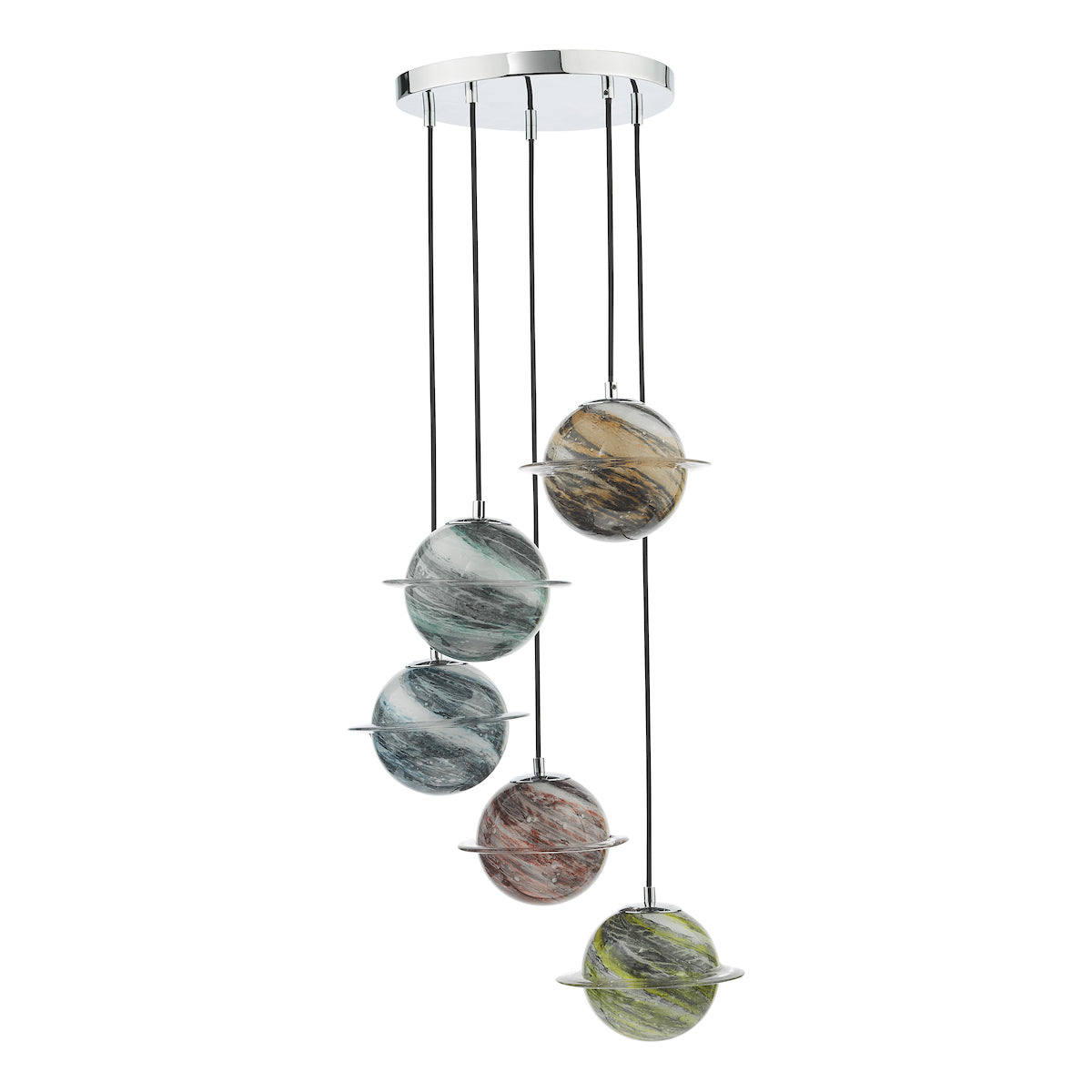 Dar Cygnus 5 Light Cluster Pendant Polished Chrome and Planet Style Glass – from Amos Lighting + Home