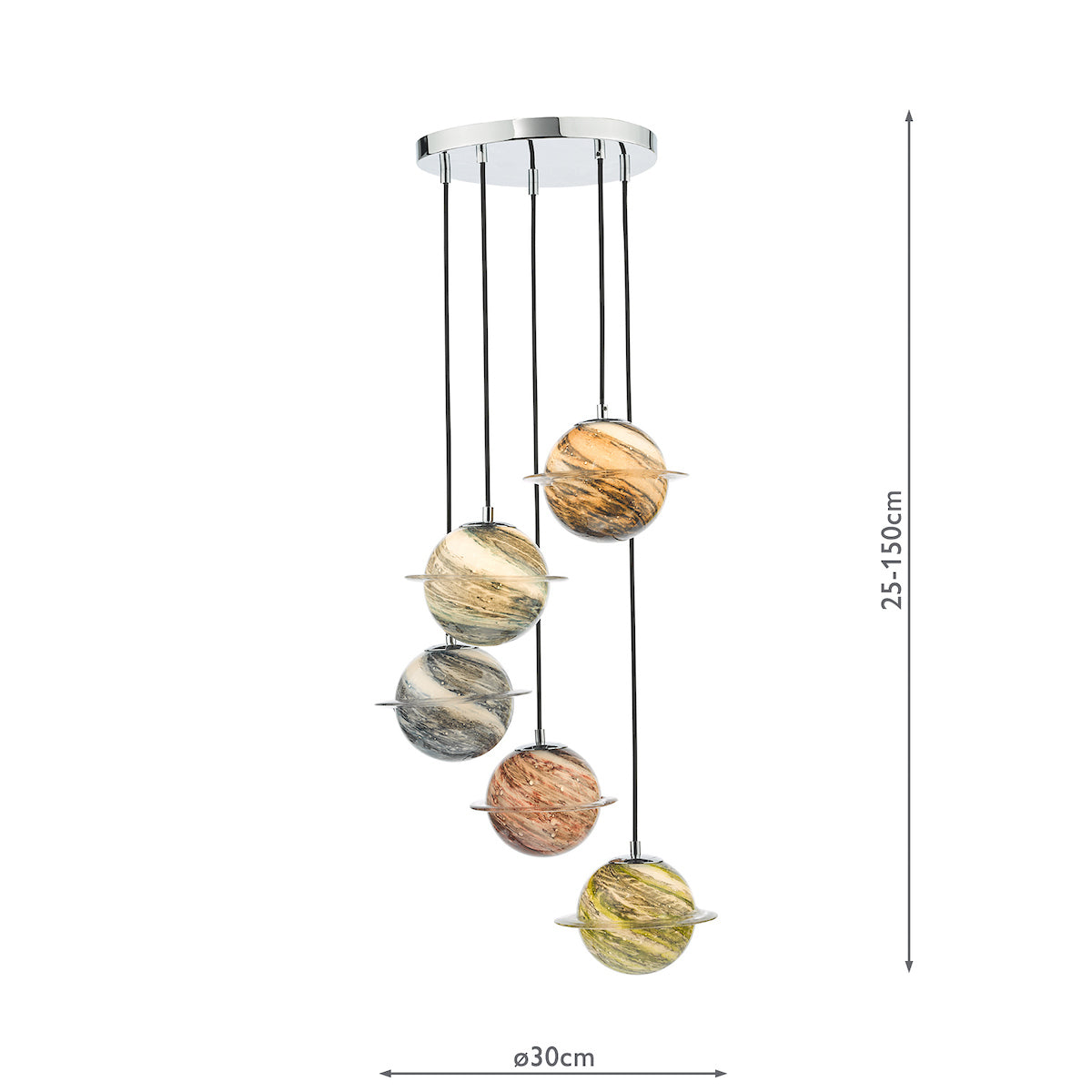 Dar Cygnus 5 Light Cluster Pendant Polished Chrome and Planet Style Glass – from Amos Lighting + Home