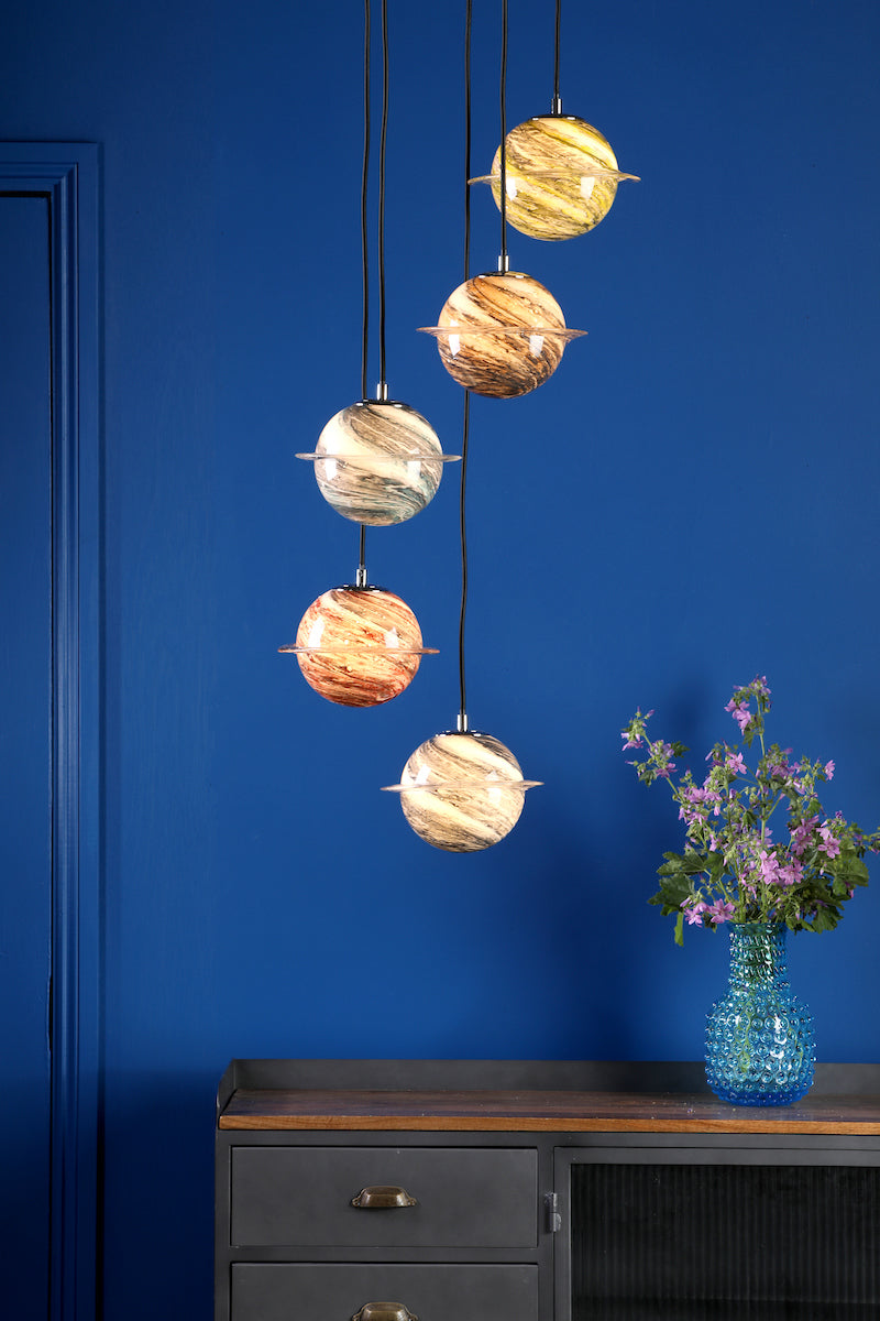 Dar Cygnus 5 Light Cluster Pendant Polished Chrome and Planet Style Glass – from Amos Lighting + Home