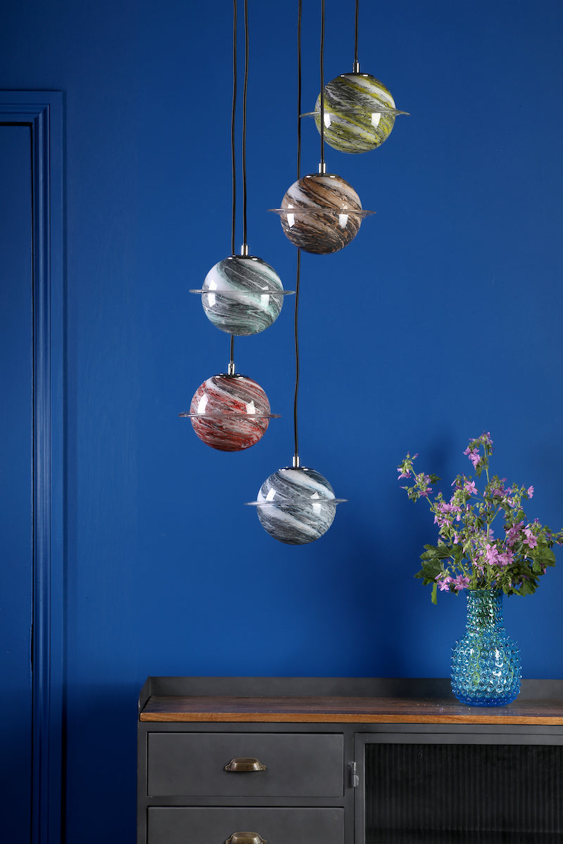 Dar Cygnus 5 Light Cluster Pendant Polished Chrome and Planet Style Glass – from Amos Lighting + Home