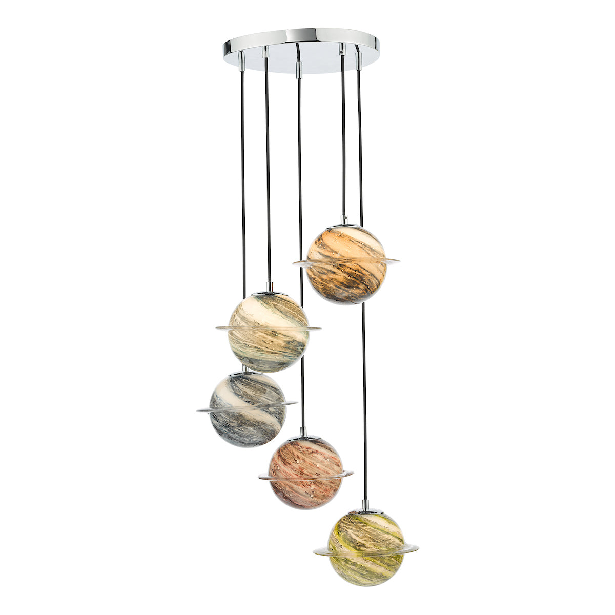 Dar Cygnus 5 Light Cluster Pendant Polished Chrome and Planet Style Glass – from Amos Lighting + Home