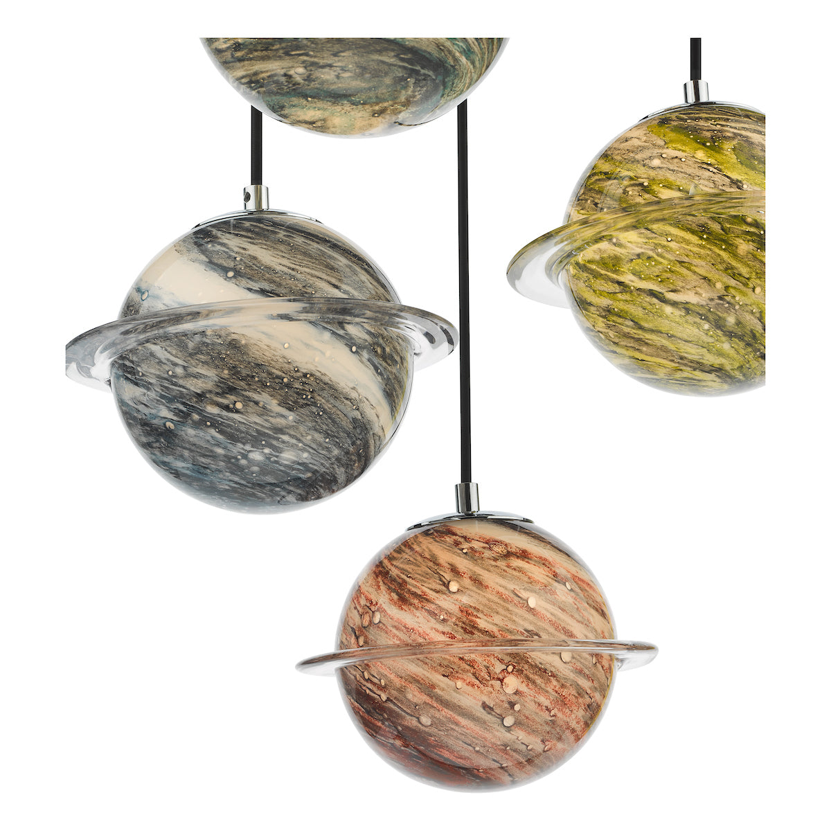 Dar Cygnus 5 Light Cluster Pendant Polished Chrome and Planet Style Glass – from Amos Lighting + Home