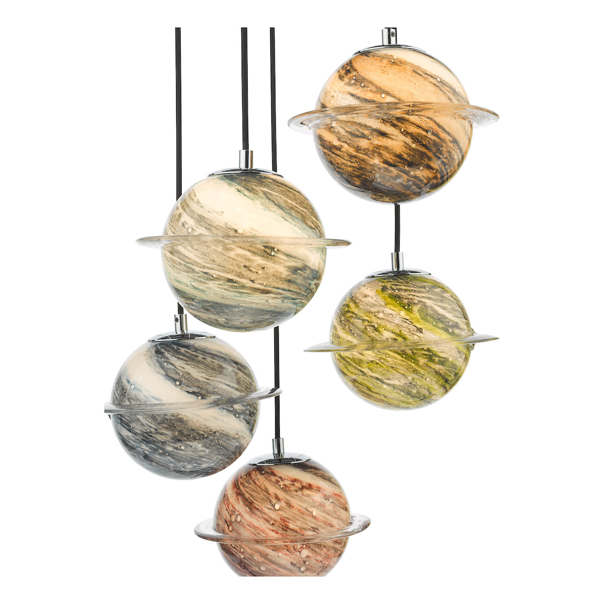Dar Cygnus 5 Light Cluster Pendant Polished Chrome and Planet Style Glass – from Amos Lighting + Home