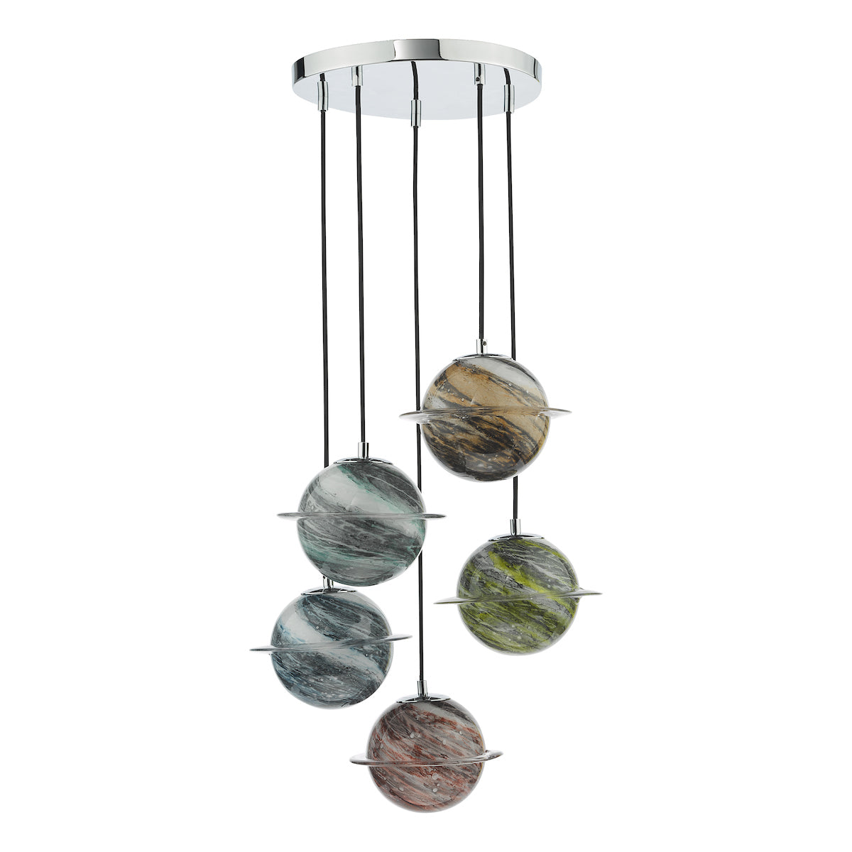 Dar Cygnus 5 Light Cluster Pendant Polished Chrome and Planet Style Glass – from Amos Lighting + Home