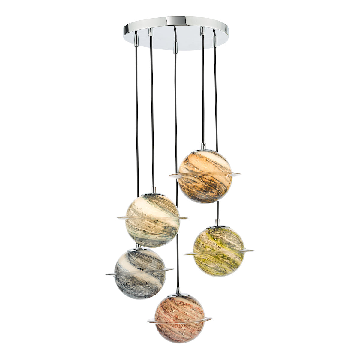 Dar Cygnus 5 Light Cluster Pendant Polished Chrome and Planet Style Glass – from Amos Lighting + Home