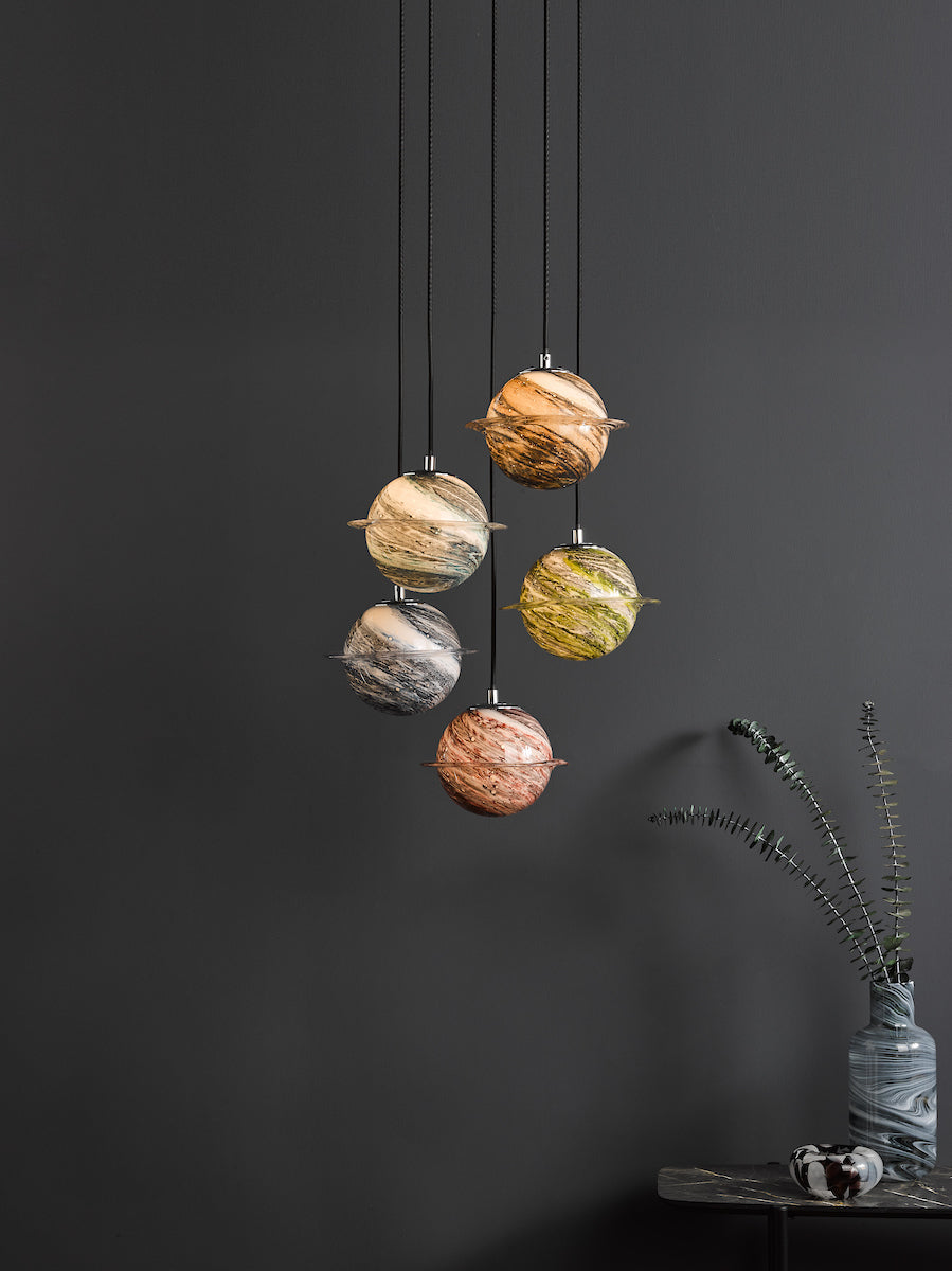 Dar Cygnus 5 Light Cluster Pendant Polished Chrome and Planet Style Glass – from Amos Lighting + Home