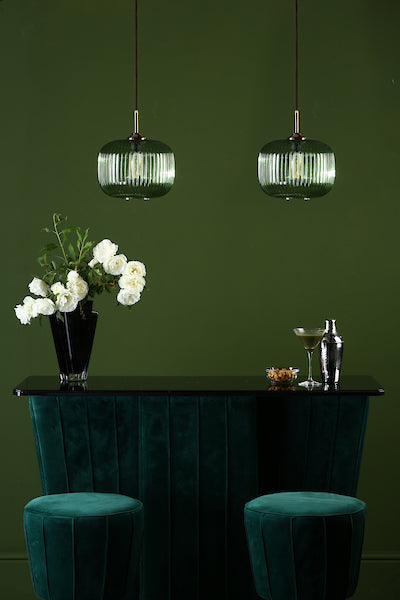 Dar Demarius 1 Light Pendant Green Glass Bronze Detail – from Amos Lighting + Home