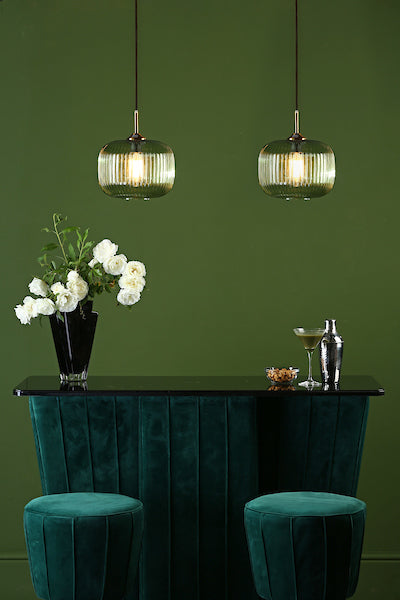 Dar Demarius 1 Light Pendant Green Glass Bronze Detail – from Amos Lighting + Home