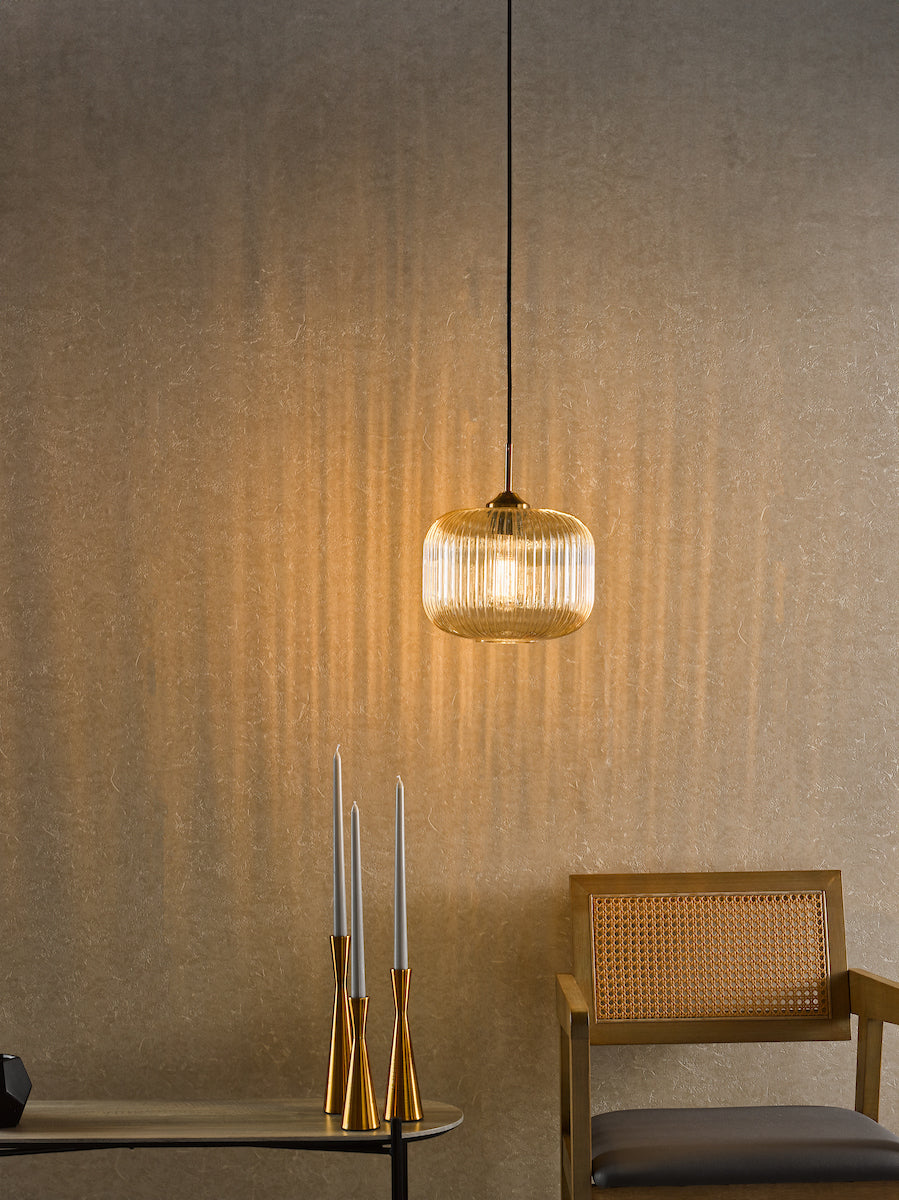 Dar Demarius Pendant Natural Brass and Amber Glass – from Amos Lighting + Home