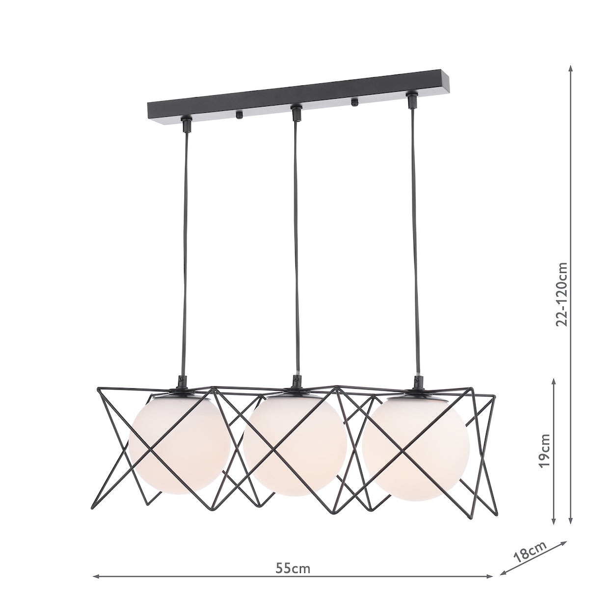 Dar Dreyson 3 Light Bar Pendant Matt Black and Opal Glass – from Amos Lighting + Home