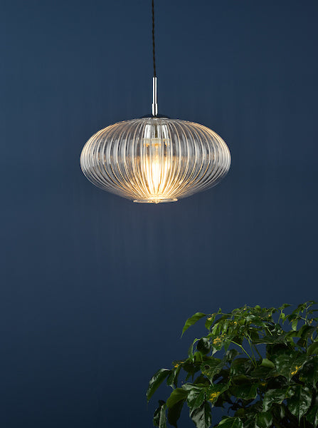 Dar Edmond Single Pendant Polished Chrome Ribbed Glass – from Amos Lighting + Home