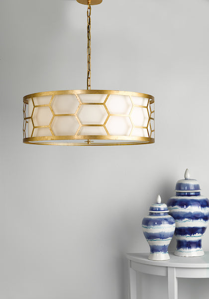 Dar Epstein 4lt Pendant Gold With Ivory Shade & Frosted Glass Diffuser – from Amos Lighting + Home
