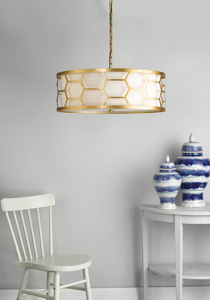 Dar Epstein 4lt Pendant Gold With Ivory Shade & Frosted Glass Diffuser – from Amos Lighting + Home