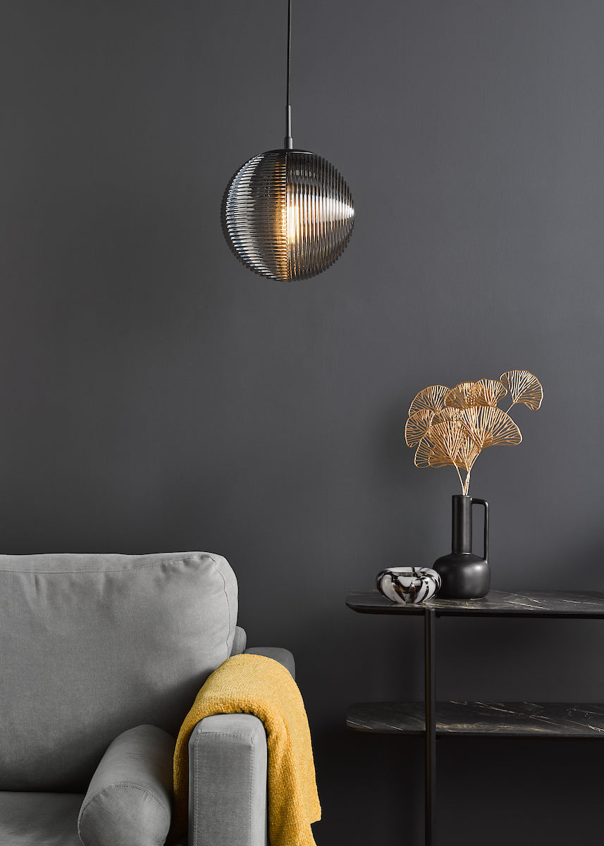 Dar Evander Single Pendant Matt Black and Smoked Glass – from Amos Lighting + Home