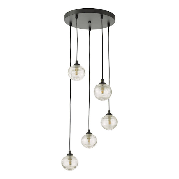 Dar Federico 5 Light Cluster Pendant Black Clear Ribbed Glass – from Amos Lighting + Home