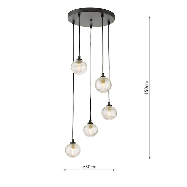 Dar Federico 5 Light Cluster Pendant Black Clear Ribbed Glass – from Amos Lighting + Home