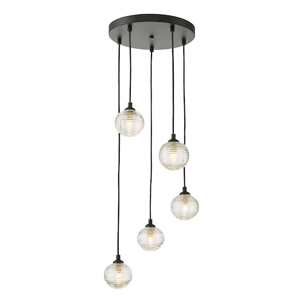 Dar Federico 5 Light Cluster Pendant Black Clear Ribbed Glass – from Amos Lighting + Home