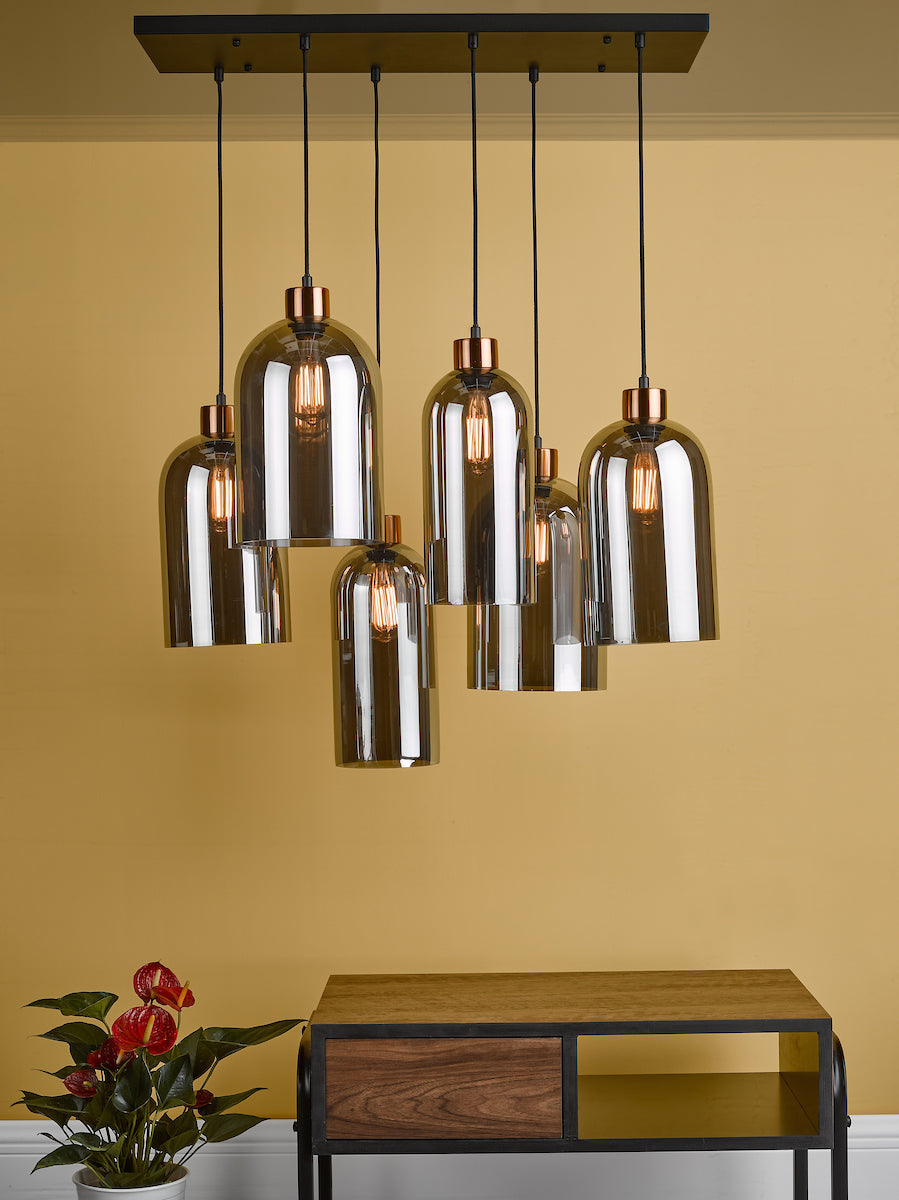 Dar Gold Collection Alma 6 Light Bar Pendant Matt Black Smoked Glass – from Amos Lighting + Home