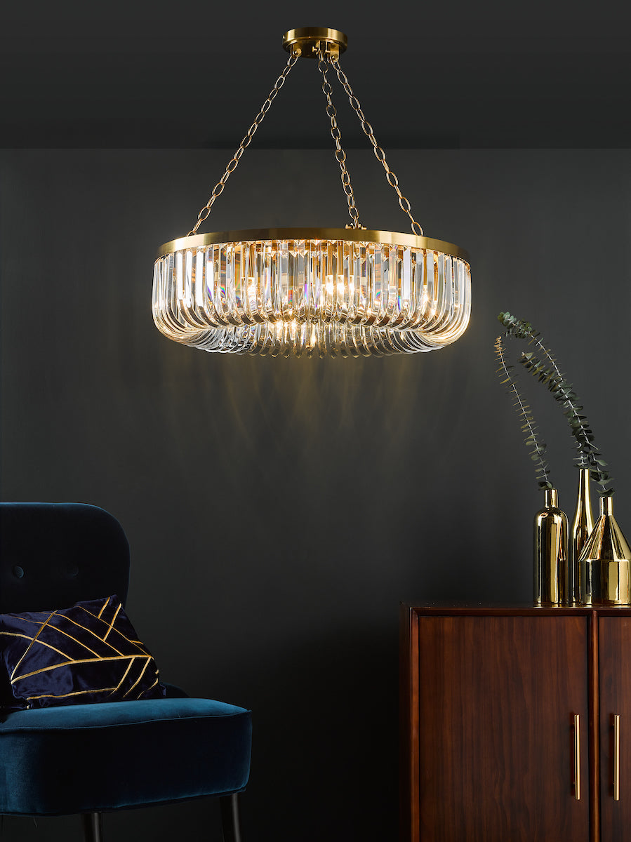Dar Gold Sigourney 8 Light Pendant Satin Gold & Glass – from Amos Lighting + Home