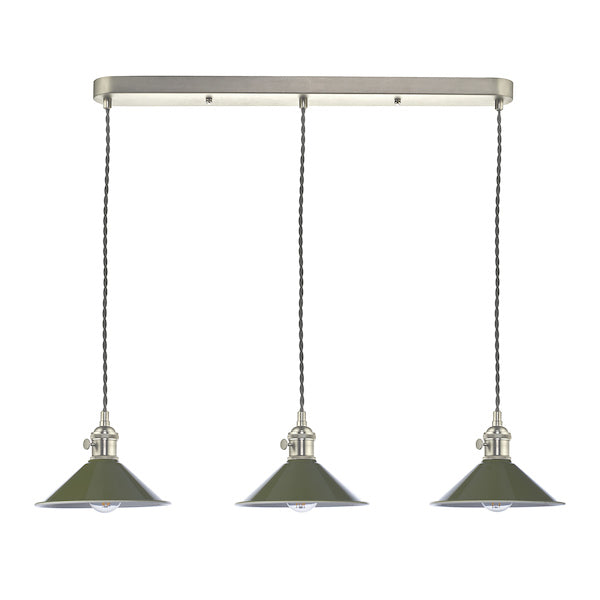 Dar Hadano 3 Bar Light Antique Chrome with Olive Green Shades – from Amos Lighting + Home