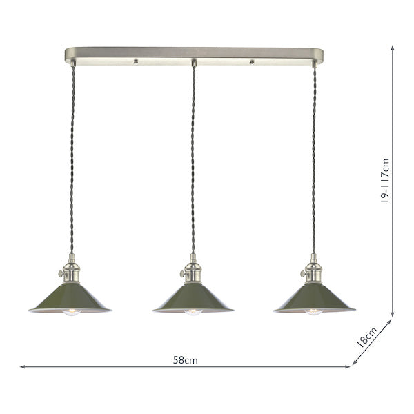 Dar Hadano 3 Bar Light Antique Chrome with Olive Green Shades – from Amos Lighting + Home