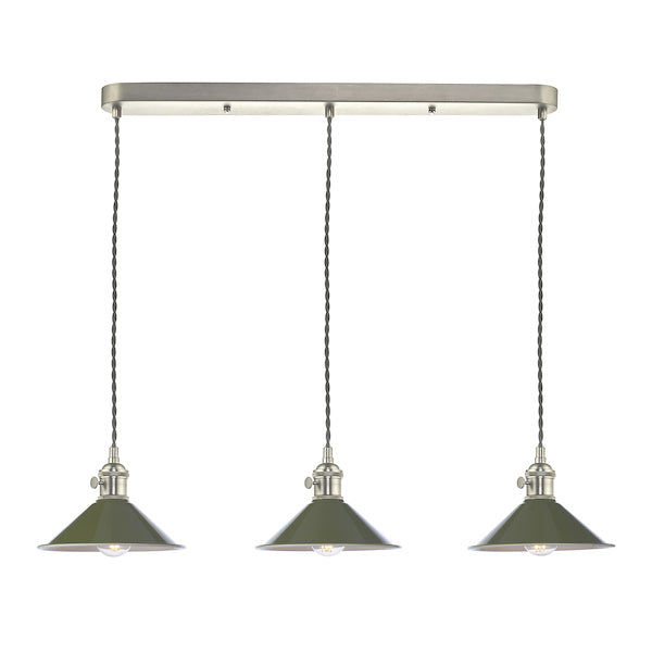 Dar Hadano 3 Bar Light Antique Chrome with Olive Green Shades – from Amos Lighting + Home