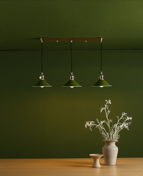 Dar Hadano 3 Bar Light Brass with Olive Green Shades – from Amos Lighting + Home