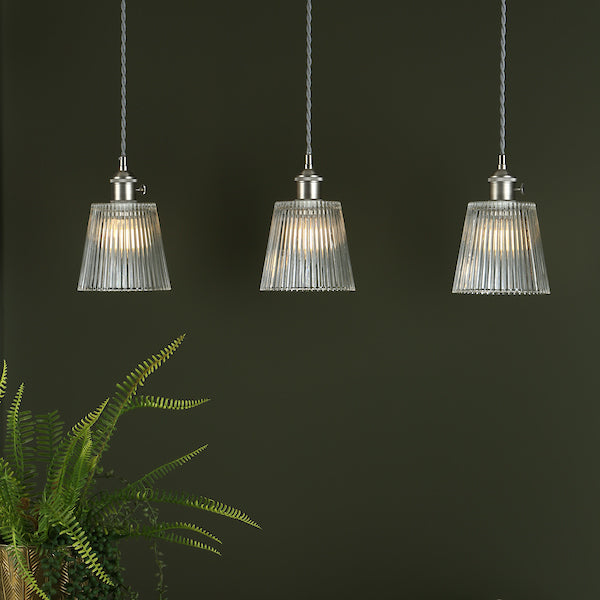 Dar Hadano 3 Light Antique Chrome Suspension With Ribbed Glass Shades – from Amos Lighting + Home