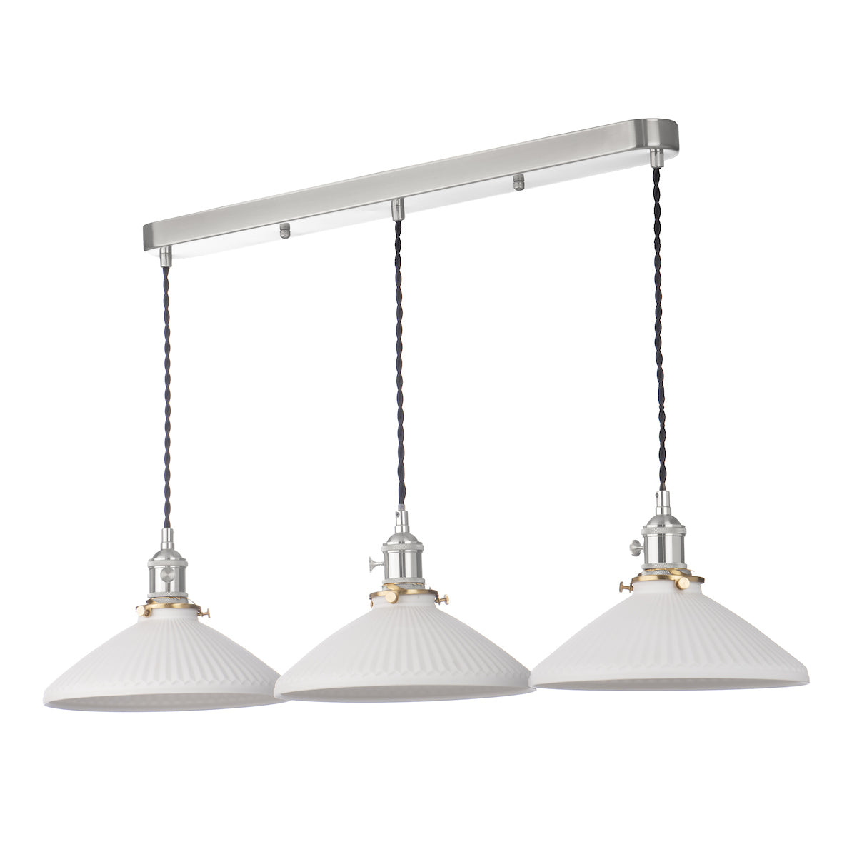 Dar Hadano 3 Light Bar Pendant Antique Chrome & Ceramic Shallow Shade – from Amos Lighting + Home