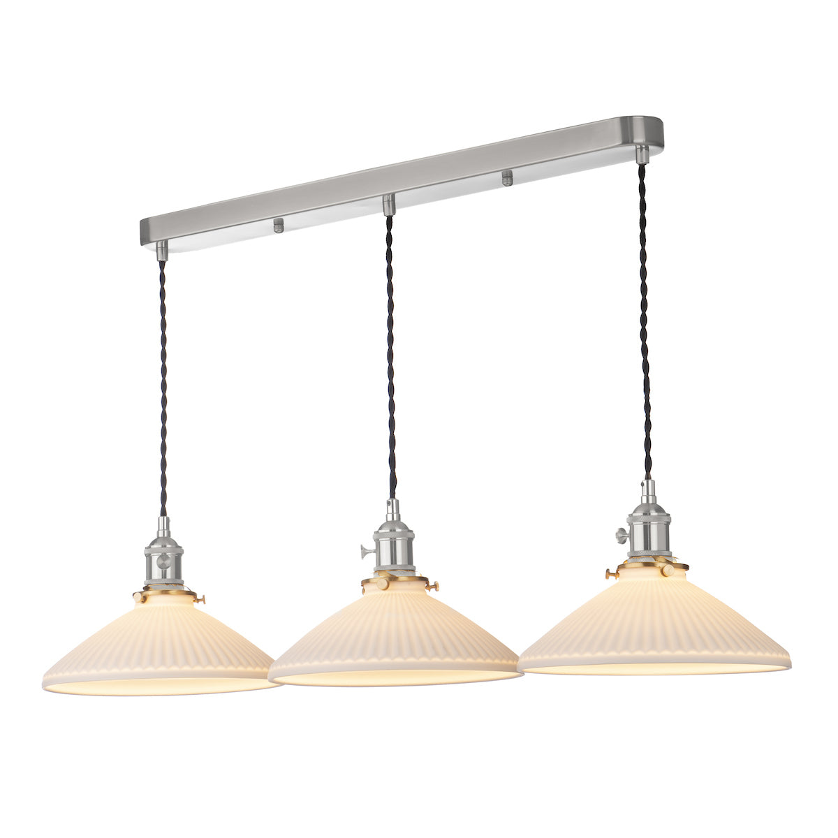 Dar Hadano 3 Light Bar Pendant Antique Chrome & Ceramic Shallow Shade – from Amos Lighting + Home