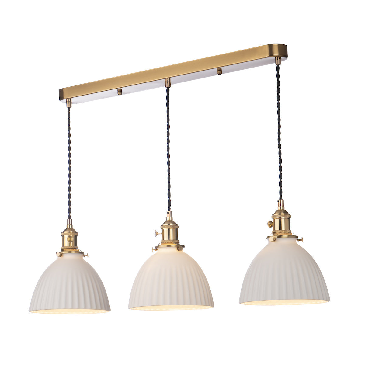 Dar Hadano 3 Light Bar Pendant Natural Brass & Ceramic Domed Shade – from Amos Lighting + Home