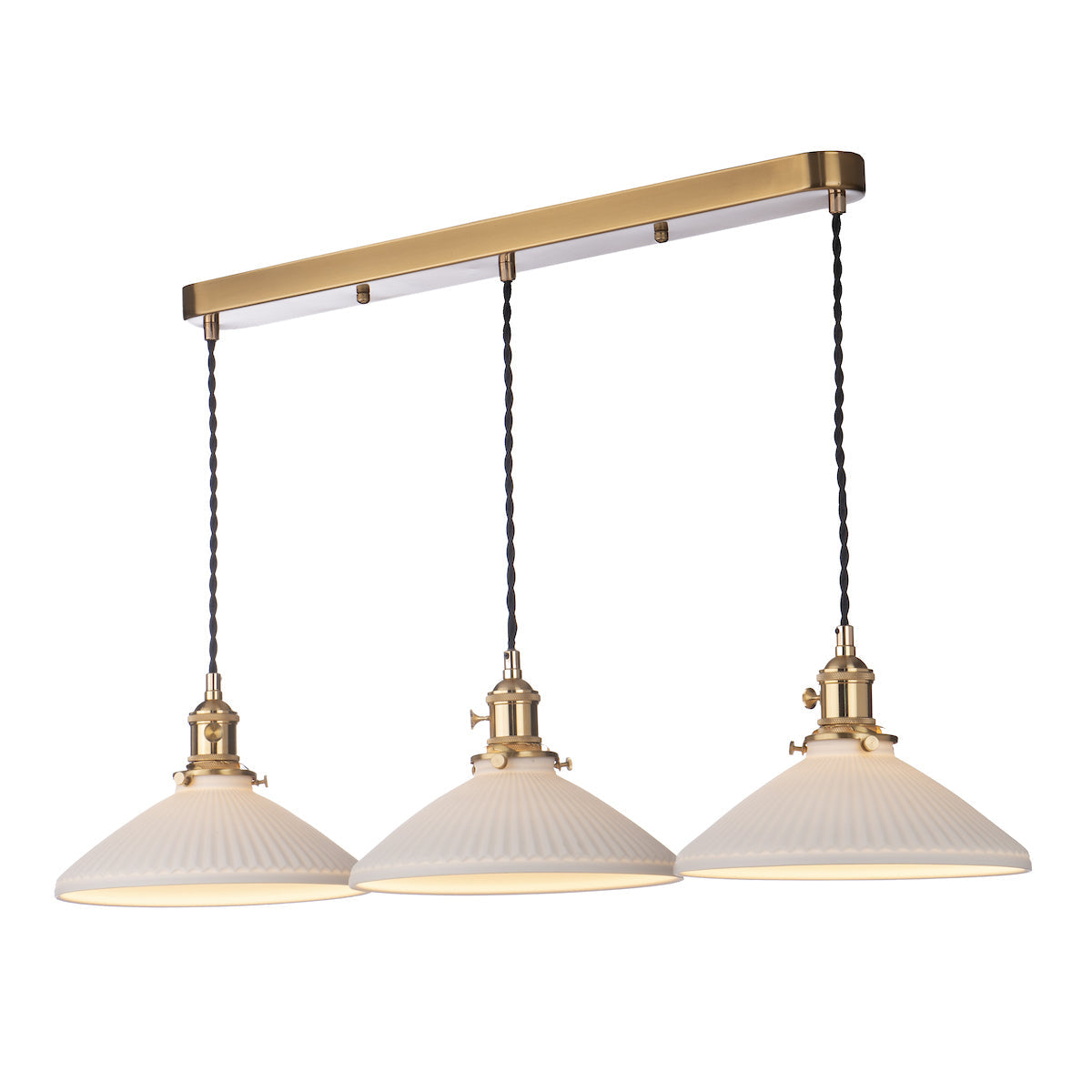 Dar Hadano 3 Light Bar Pendant Natural Brass & Ceramic Shallow Shade – from Amos Lighting + Home