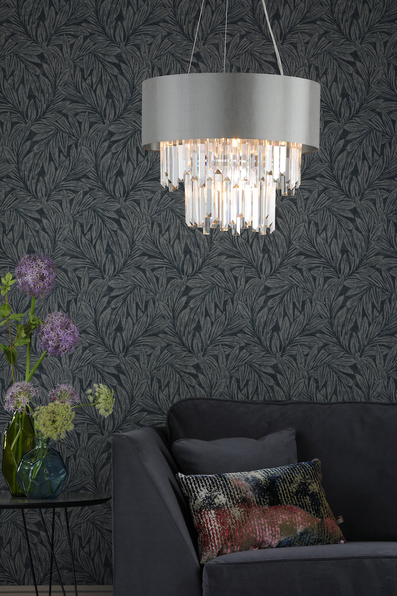 Dar Halle 6 Light Pendant Grey Shade and Crystal – from Amos Lighting + Home