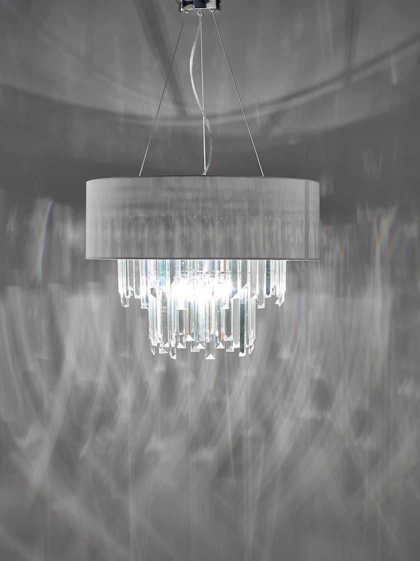Dar Halle 6 Light Pendant Grey Shade and Crystal – from Amos Lighting + Home