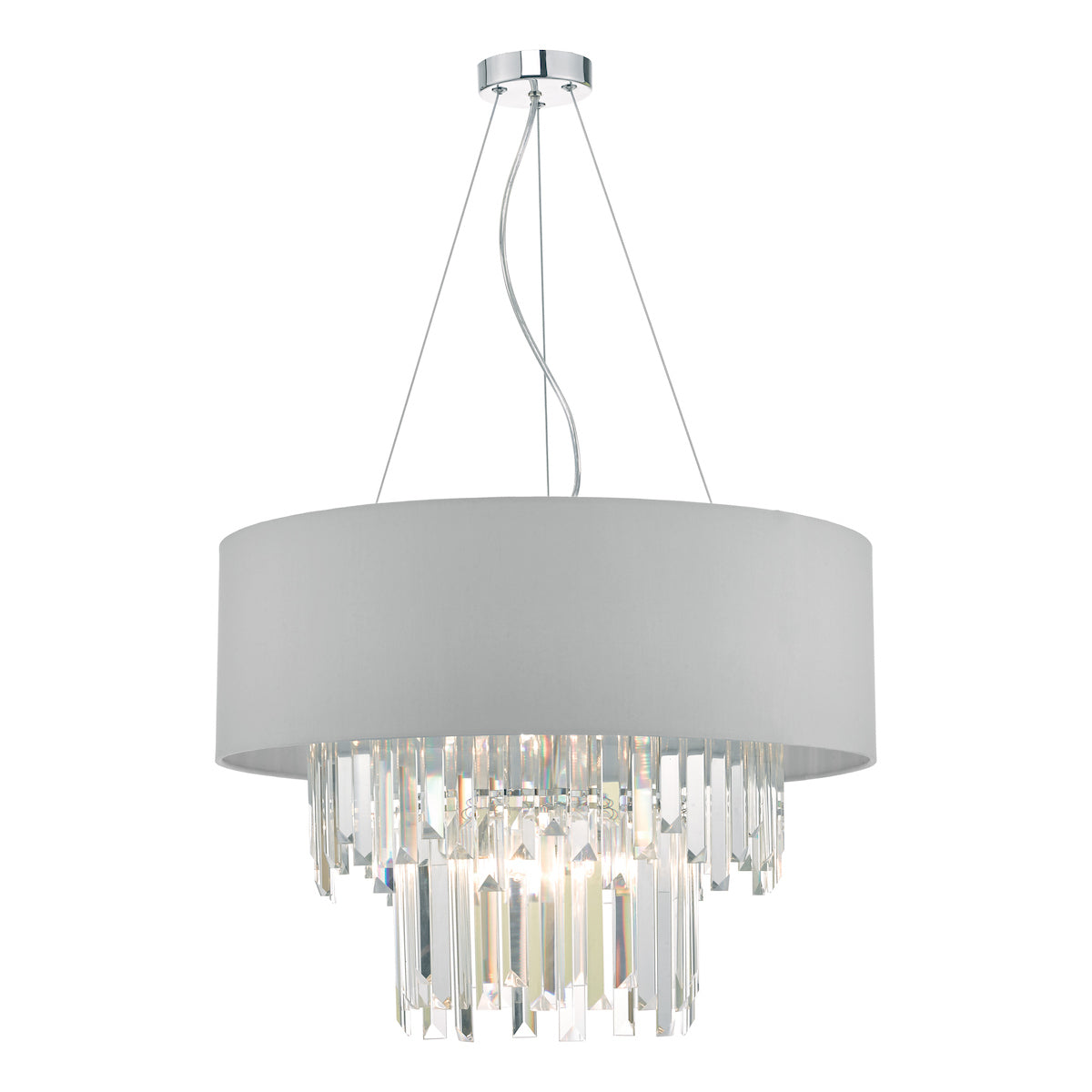 Modern 6-light pendant chandelier with grey fabric drum shade and hanging crystal prisms