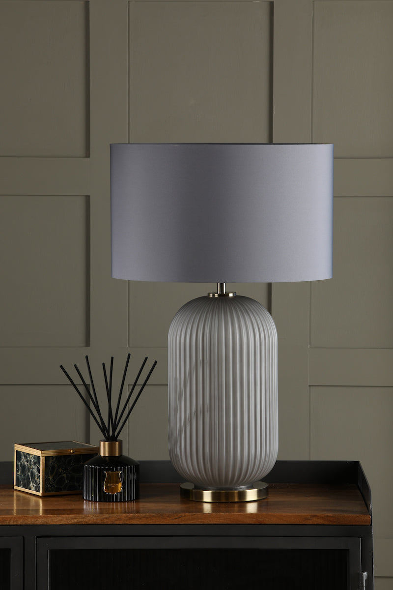 Dar Helicon Table Lamp Grey Ribbed Glass and Antique Brass With Shade – from Amos Lighting + Home