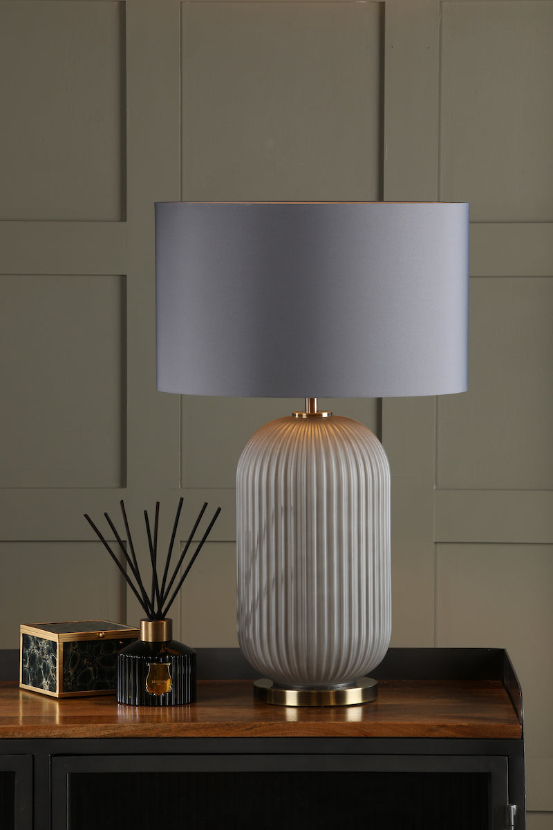 Dar Helicon Table Lamp Grey Ribbed Glass and Antique Brass With Shade – from Amos Lighting + Home