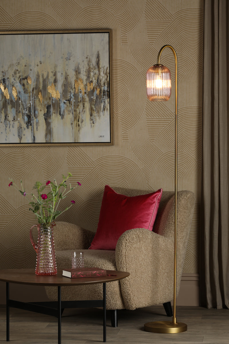 Dar Idra Floor Lamp Aged Bronze and Pink Ribbed Glass – from Amos Lighting + Home