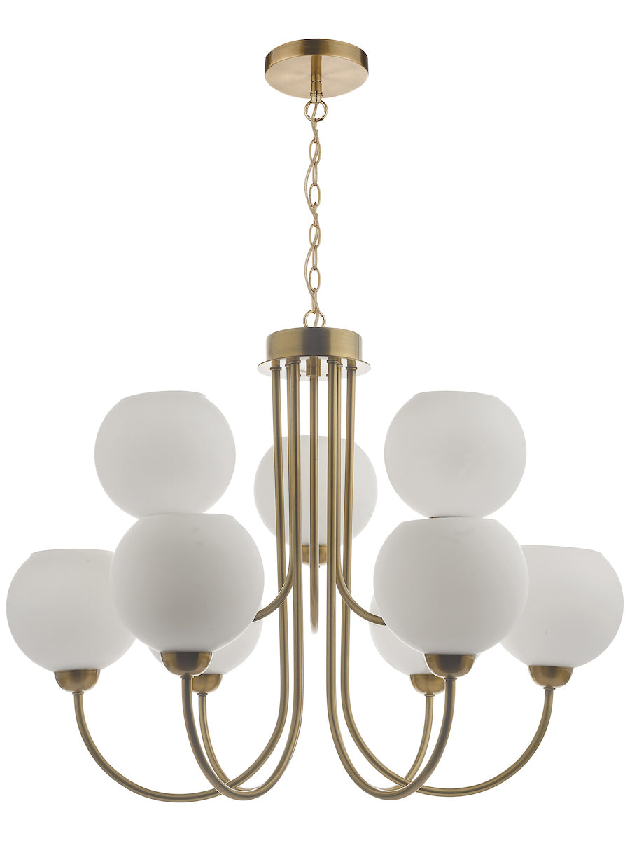 Dar Indra 9 Light Chandelier Natural Brass With Opal Glass – from Amos Lighting + Home