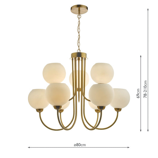 Dar Indra 9 Light Chandelier Natural Brass With Opal Glass – from Amos Lighting + Home