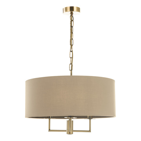 Dar Jamelia 3 Light Pendant Chandelier Antique Brass Taupe Shade – from Amos Lighting + Home