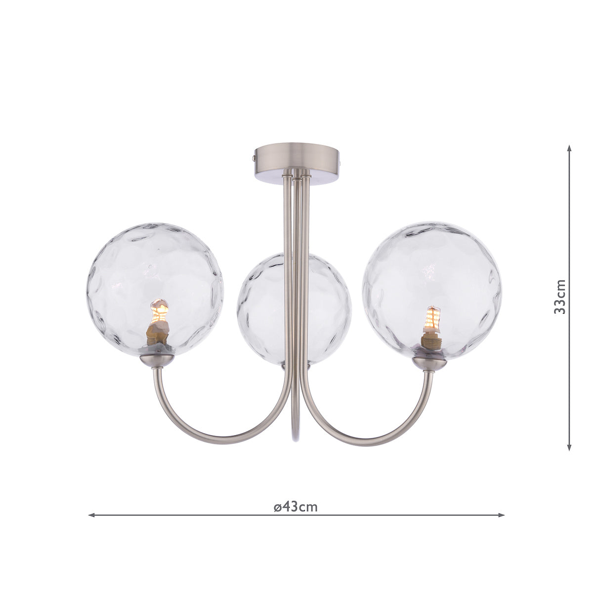 Dar Jared 3 Light Semi-Flush Satin Nickel & Dimpled Clear Glass – from Amos Lighting + Home