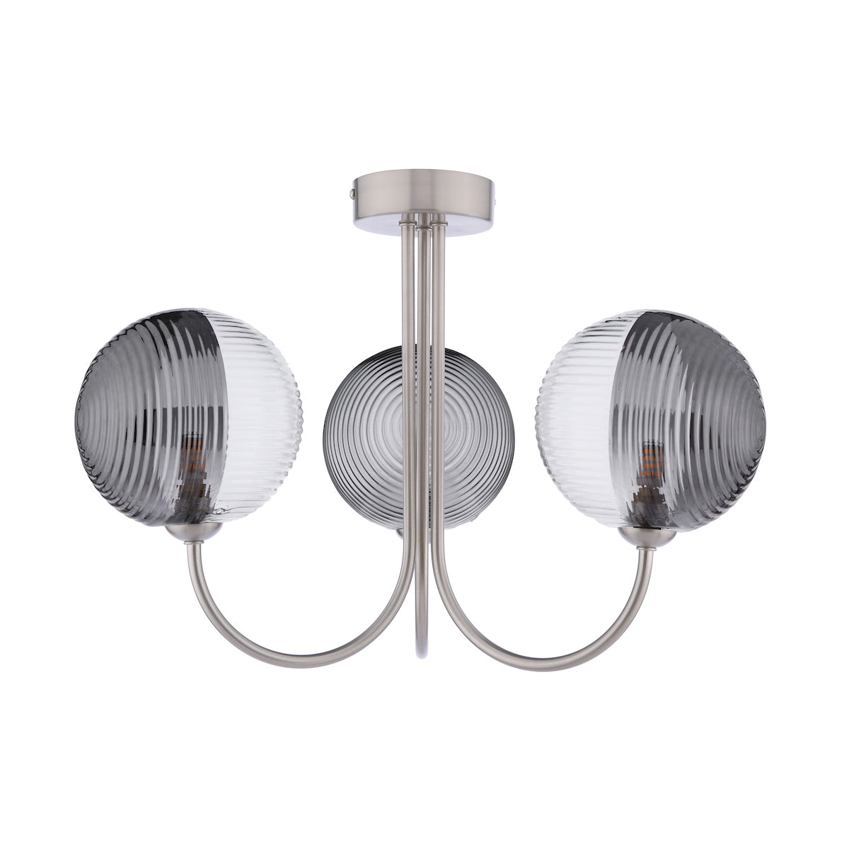 Dar Jared 3 Light Semi-Flush Satin Nickel & Smoked/Clear Ribbed Glass – from Amos Lighting + Home